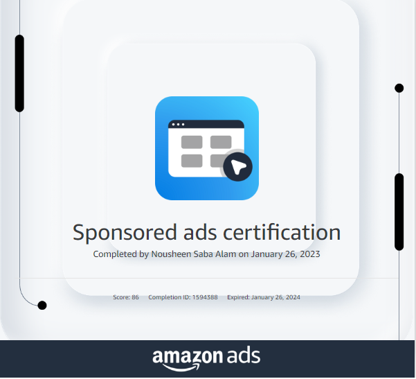Enablers Certified Amazon Virtual Assistant Certificate awarded to Nousheen Saba Alam