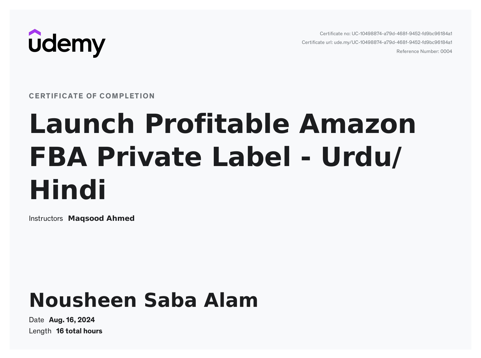 Amazon Virtual Assistant Professional Program Certificate awarded to Nousheen Saba Alam