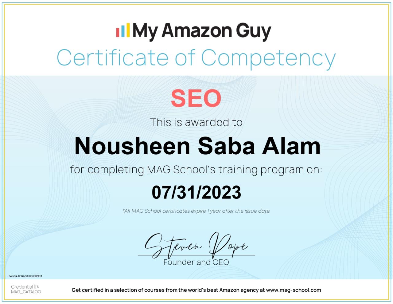 Be Excel Amazon Virtual Assistant Diploma awarded to Nousheen Saba Alam